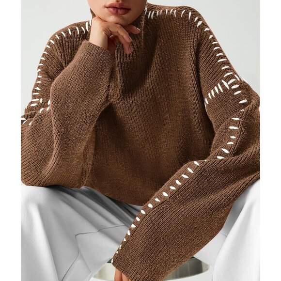 Prettygarden Women's Khaki Fall Long Sleeve Mock Neck Oversized Chunky Sweaters - Picture 7 of 7